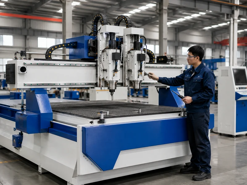 Quick CNC technician checking double spindle CNC router in the factory