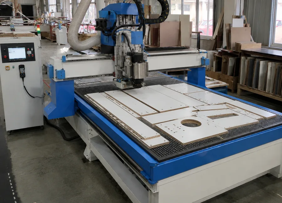 ماكينة راوتر CNC شديدة التحمل 1325 تُشغّل ألواح الأثاث في ورشة للأعمال الخشبية