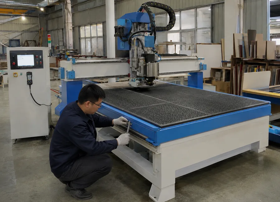 فني يفحص ماكينة راوتر CNC شديدة التحمل قبل الشحن