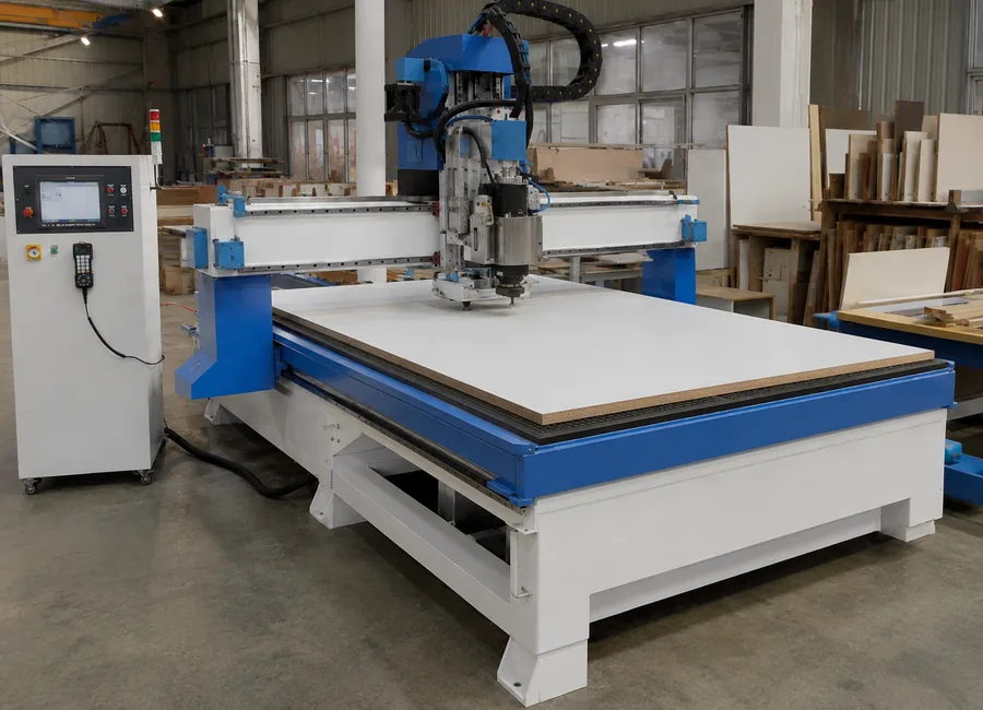 ماكينة راوتر CNC شديدة التحمل 1325 مع مادة لوحية في ورشة للأعمال الخشبية