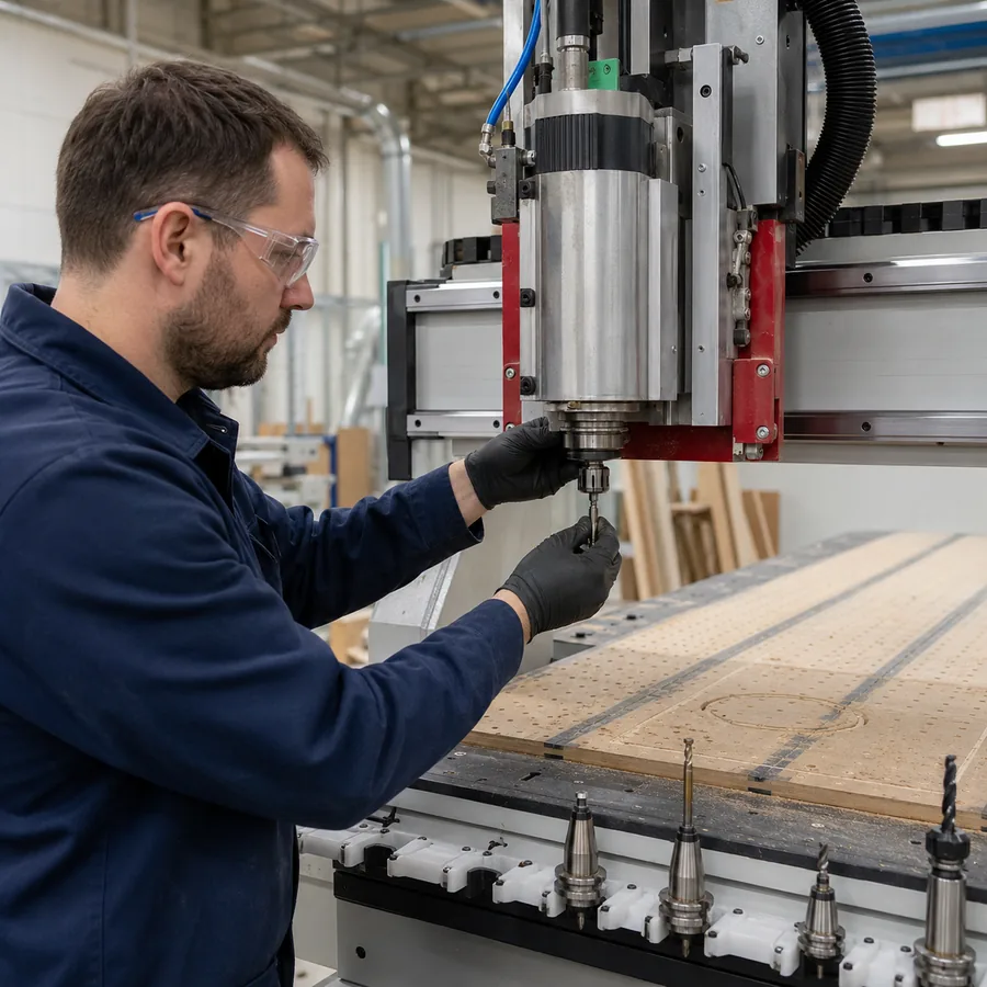 Illustration réaliste d’un opérateur remplaçant manuellement une fraise de fraiseuse CNC lors d’une étude du délai de retour sur investissement d’un système ATC