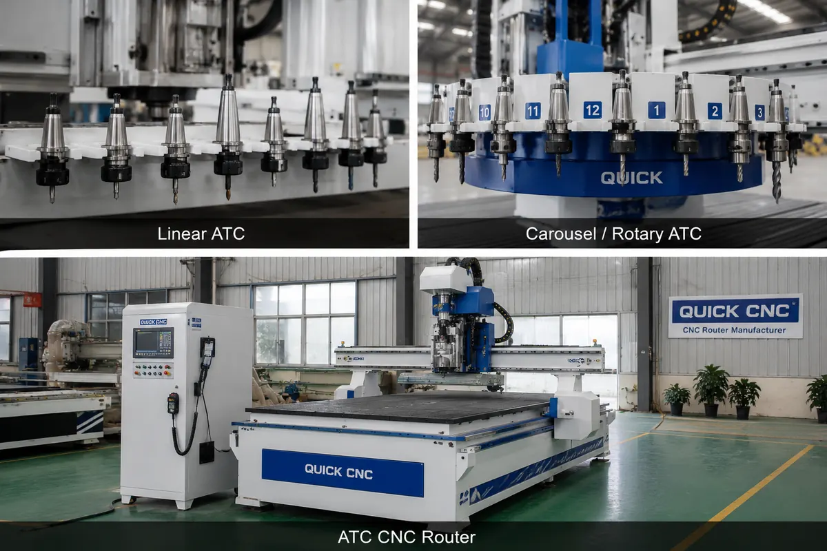 Linear vs carousel ATC tool changer realistic scene illustration for CNC router selection