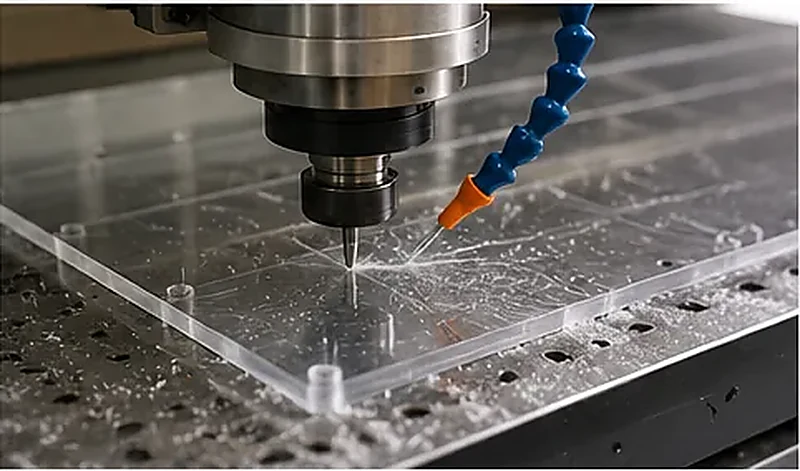 Router CNC cortando acrílico transparente con virutas visibles alrededor de la herramienta