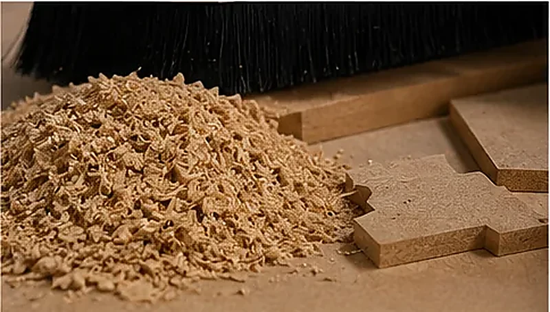 Primer plano de las virutas de un router CNC durante el corte de un tablero