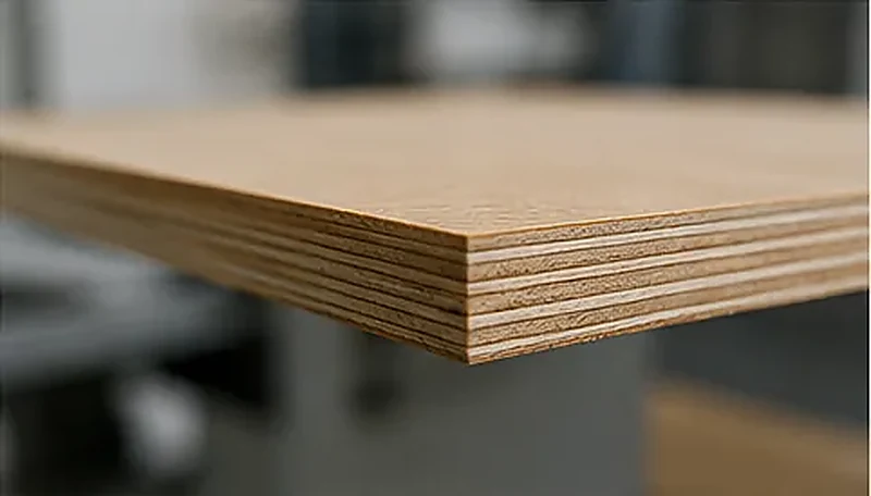 Primer plano del borde de un tablero contrachapado que muestra la estructura en capas del material