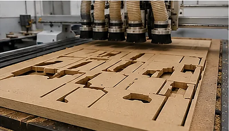 Router CNC nesting cortando varias piezas de muebles a partir de un tablero