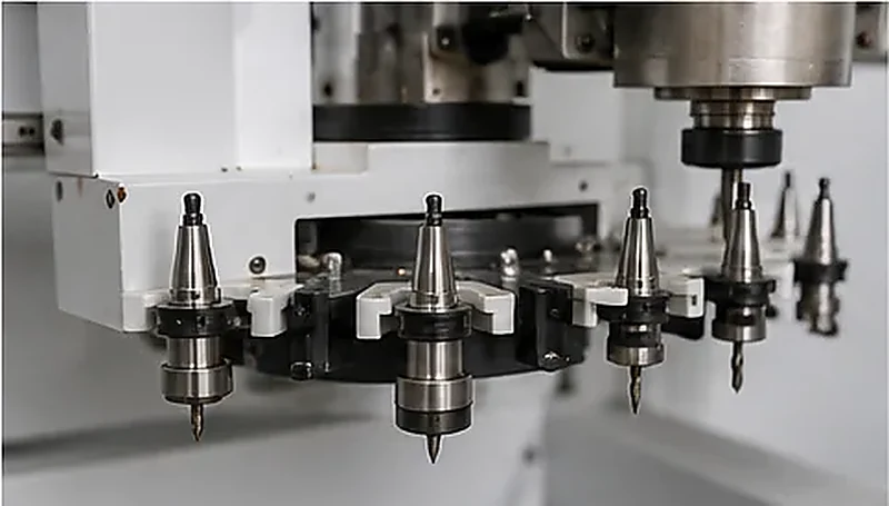 Herramental ATC y portaherramientas de un router CNC listos para el mecanizado