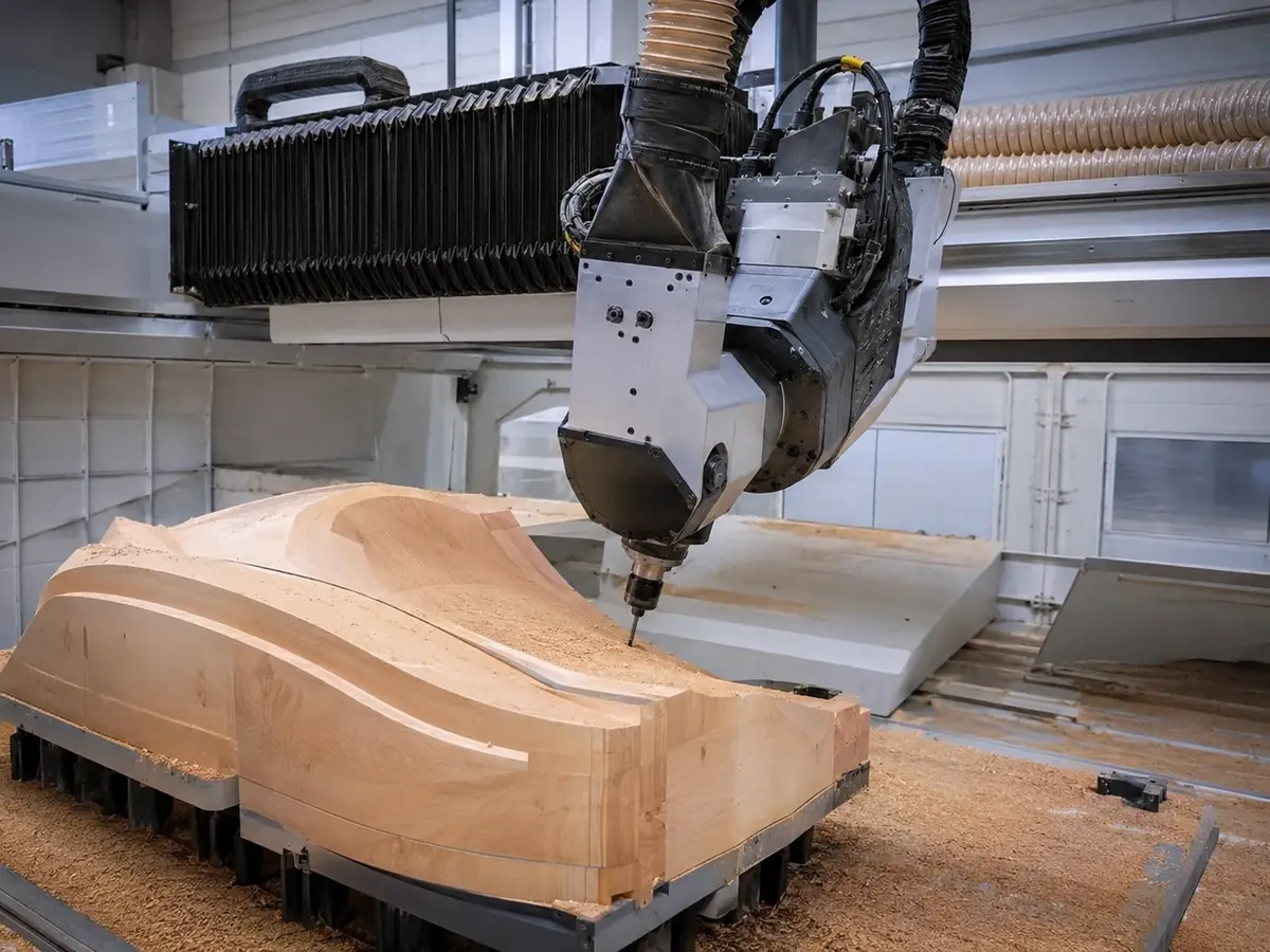 Router CNC multieje mecanizando una pieza de madera curva en un taller industrial