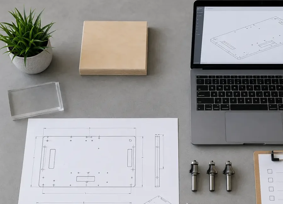 Preparação da cotação de um Router CNC com desenho da peça, amostra de material e informações sobre as ferramentas